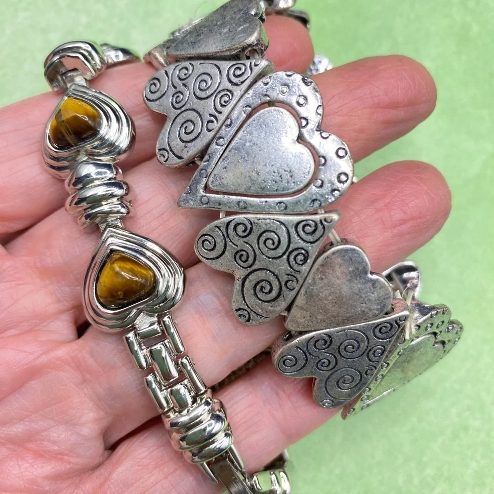 Silver Tone Heart Bracelets Pair Stretchy & Natural Tigereye